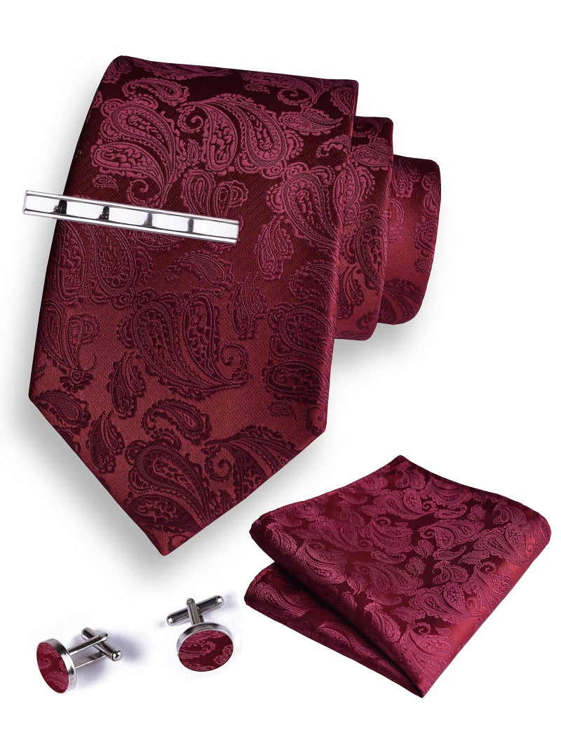 GUSLESON Burgundy Paisley Tie Sets Ties for Men Wedding Party Necktie Clip and Pocket Square Cufflinks Sets (6102-06) - Image 1